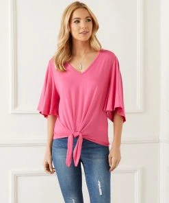 Karen Kane Flutter Sleeve Tie-Front Top Clothing