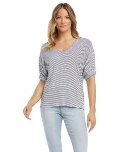 Karen Kane Petites Petite Size Stripe Roll Sleeve Tee