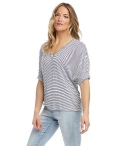 Karen Kane Petites Petite Size Stripe Roll Sleeve Tee