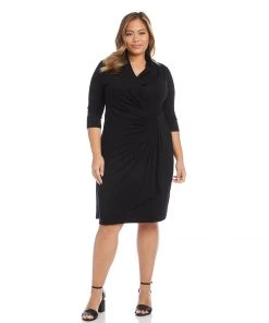 Karen Kane Plus Size 3/4 Sleeve Cascade Wrap Dress Dresses