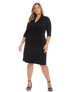 Karen Kane Plus Size 3/4 Sleeve Cascade Wrap Dress Dresses