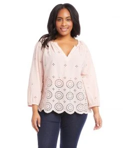 Karen Kane Plus Size Eyelet Border Peasant Top