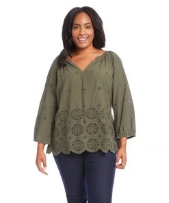 Karen Kane Plus Size Eyelet Border Peasant Top